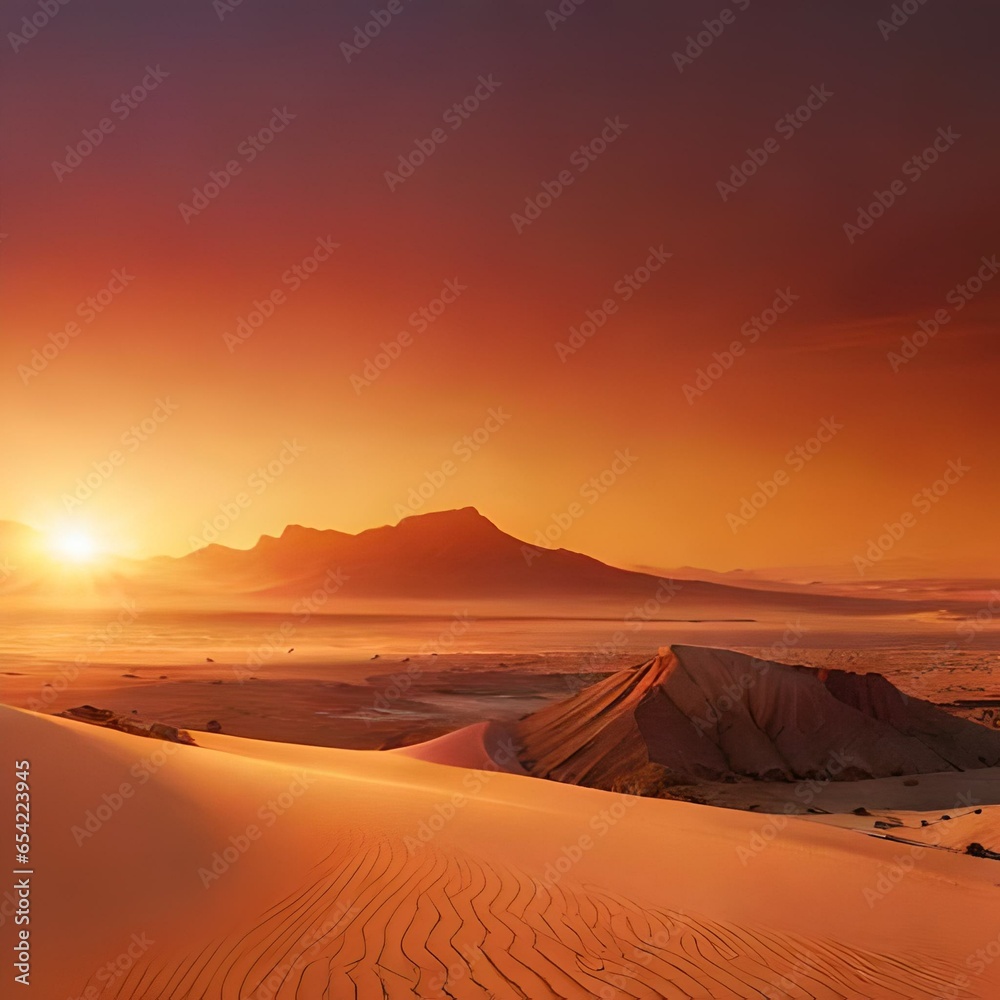 A fiery sunset over a vast desert expanse