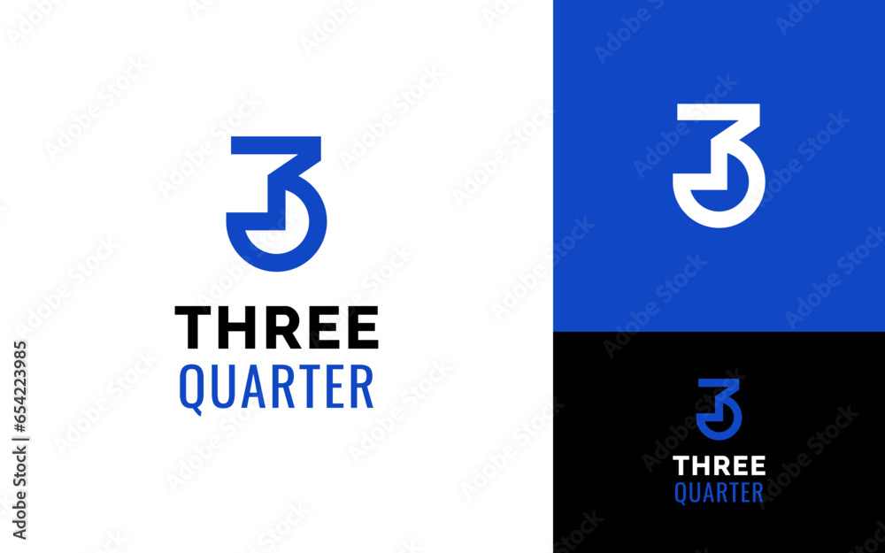 Creative Number 3 Three Quarter Pie Fraction Chart Math Logo Branding Template - obrazy, fototapety, plakaty 
