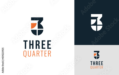 Creative Number 3 Three Quarter Pie Fraction Chart Math Logo Branding Template