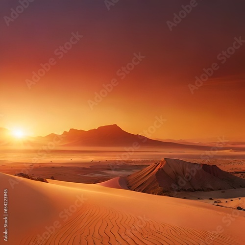 A fiery sunset over a vast desert expanse