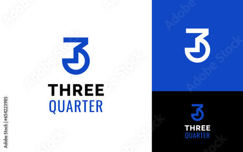 Creative Number 3 Three Quarter Pie Fraction Chart Math Logo Branding Template photo