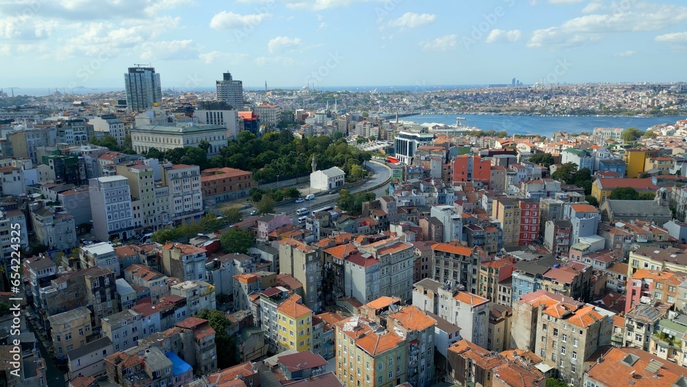 Aerial view of the city of Istanbul, Bosphorus and Golden Horn, on a summer day. Drone aerial view.