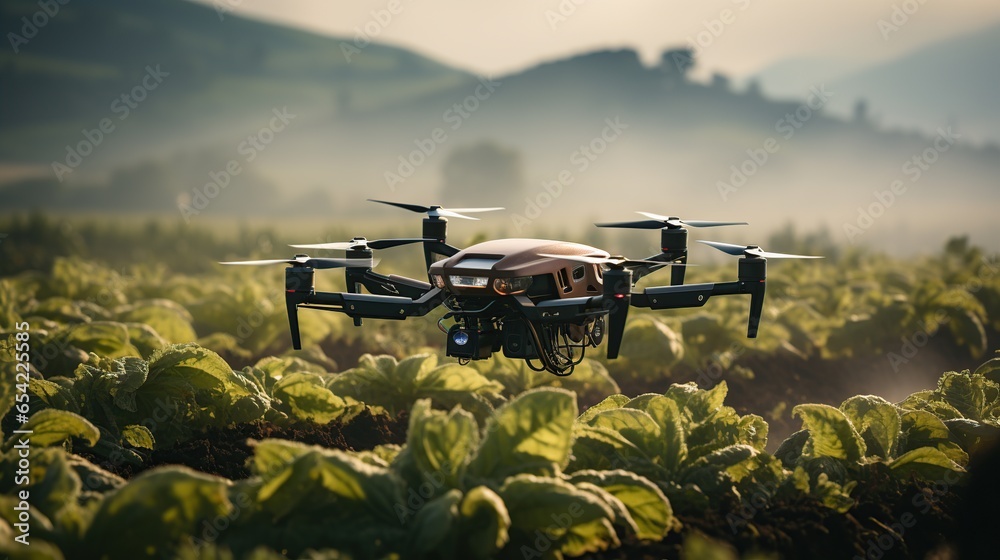 Agriculture drone fly to sprayed fertilizer on the fields. smart farmer use drone for various fields like research analysis, terrain scanning technology, smart technology concept.