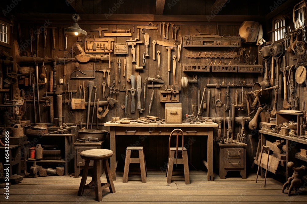 Vintage carpentry studio with weathered tools on display. Generative AI