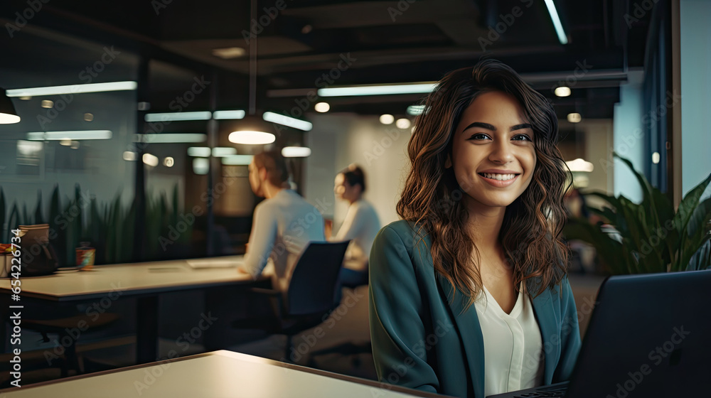 smiling happy employee woman working with laptop in modern office of startup created with Generative AI Technology