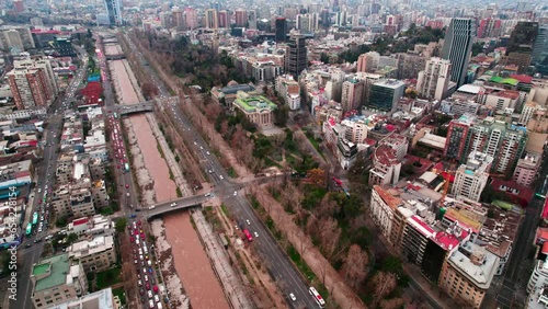 Aerial view establishing the historic center of Santiago Chile Lastarria neighborhood and the Mapocho river with great affluence. photo