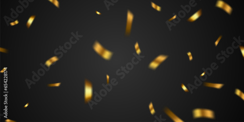 Golden confetti and zigzag ribbon falling from above streamer, tinsel vector