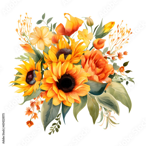 watercolor sunflower bouquet isolated on transparent background