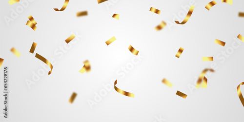 Golden confetti and zigzag ribbon falling from above streamer, tinsel vector