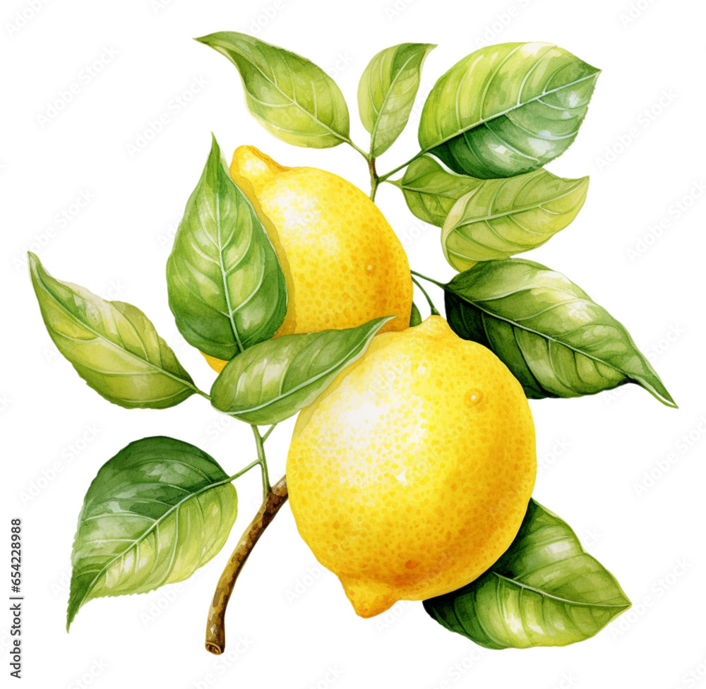 Watercolor illustration of a lemon branch. Generative AI, png image
