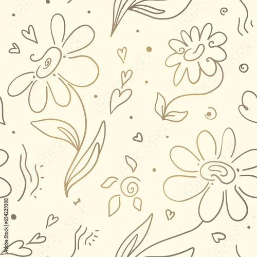 Vintage seamless pattern - golden fantasy daisy flowers and lines. Outlines. Doodles. Boho. Elegant design.