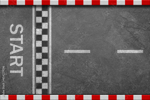 3D Rendering Start empty crosswalk on asphalt road with red and white sign on sidewalk curb top view