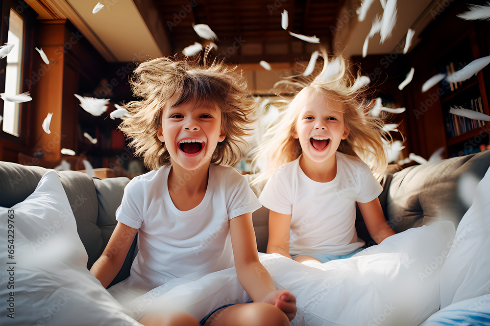 Dos niños entusiasmados felices y risueños se divierten en el interior de casa en una fiesta familiar con cogines en el sofá. - obrazy, fototapety, plakaty 