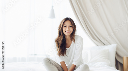 south east asian young woman happily sitting on her bed look suround her, white plain background photo