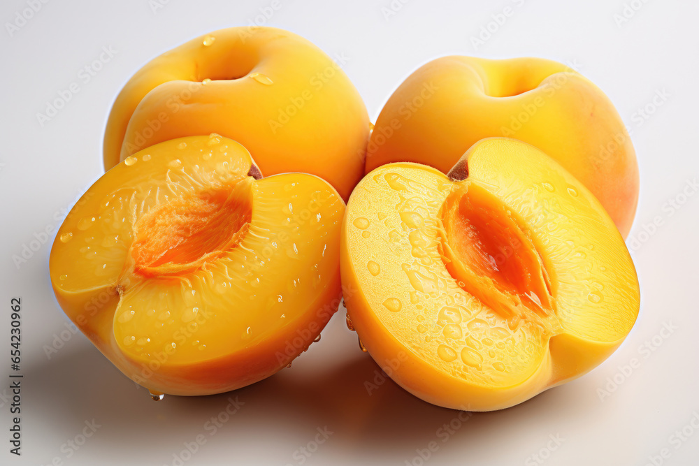 Fresh apricots fruit peeled and slice cut in half on a white background
