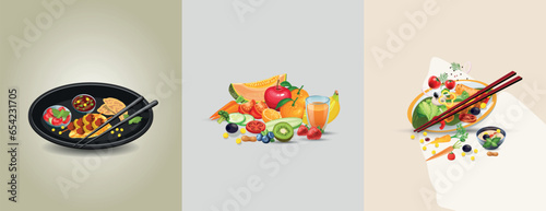 Asian food story set, and traditional restaurants, cooking, menu, vector illustration