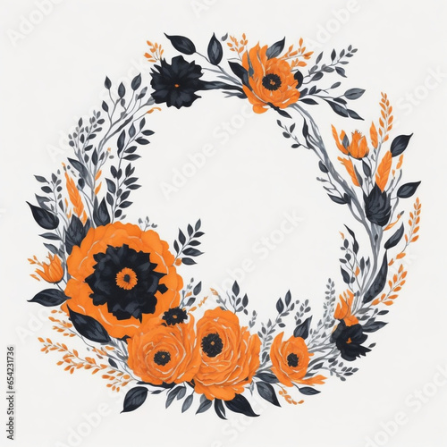 Black and orange watercolor Round shape floral frame, white background.