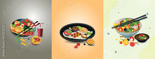 Asian food story set, and traditional restaurants, cooking, menu, vector illustration