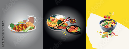 Asian food story set, and traditional restaurants, cooking, menu, vector illustration