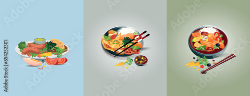 Asian food story set, and traditional restaurants, cooking, menu, vector illustration