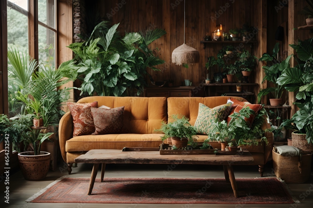 rustic interior living room with sofa, wooden table and plants around, vintage design