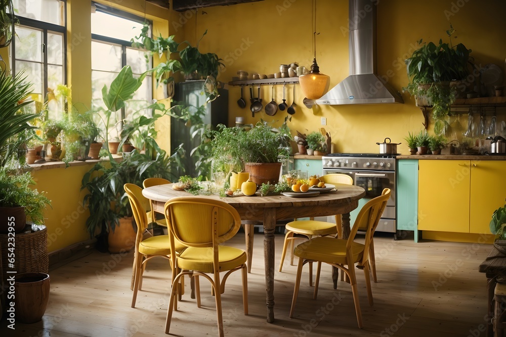 Rustic interior kitchen with rounded dining table with plants around, vintage light yellow design. Generative Ai.