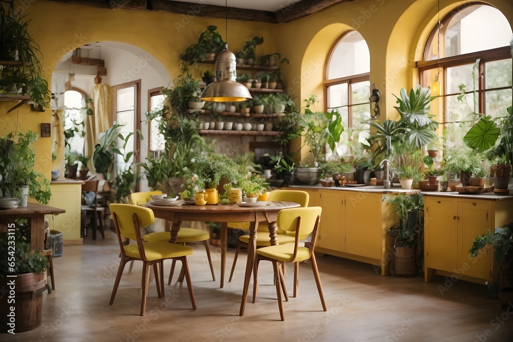 Rustic interior kitchen with rounded dining table with plants around, vintage light yellow design. Generative Ai. Rustic interior kitchen with rounded dining table with plants around, vintage light yellow design. Generative Ai.