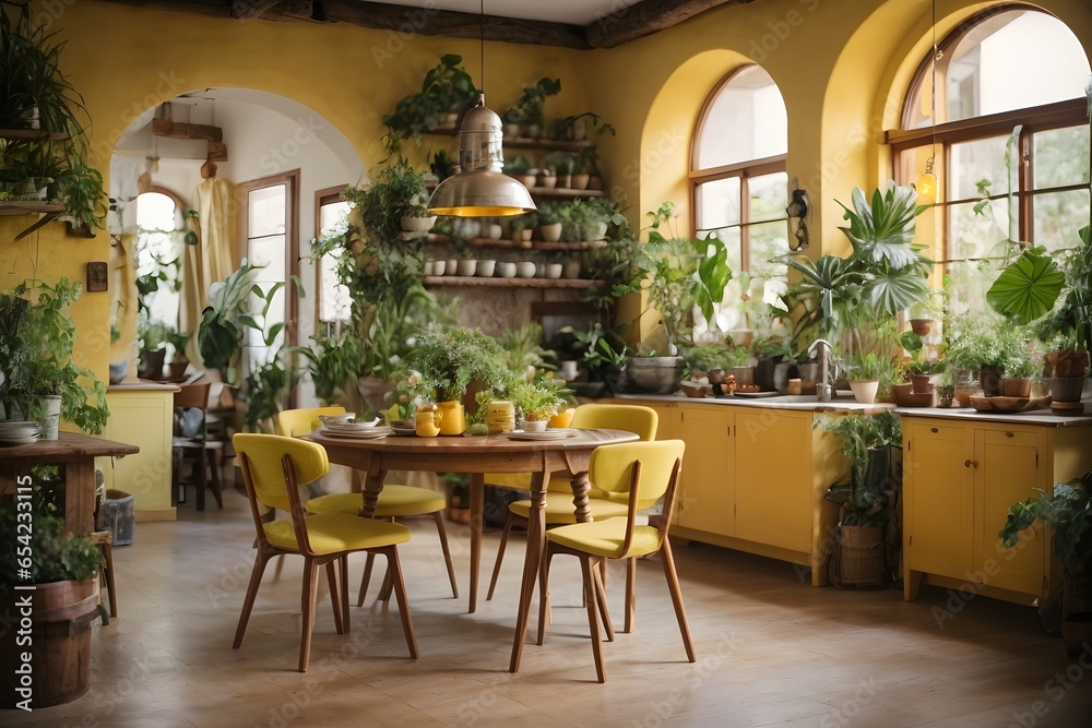 Rustic interior kitchen with rounded dining table with plants around, vintage light yellow design. Generative Ai.