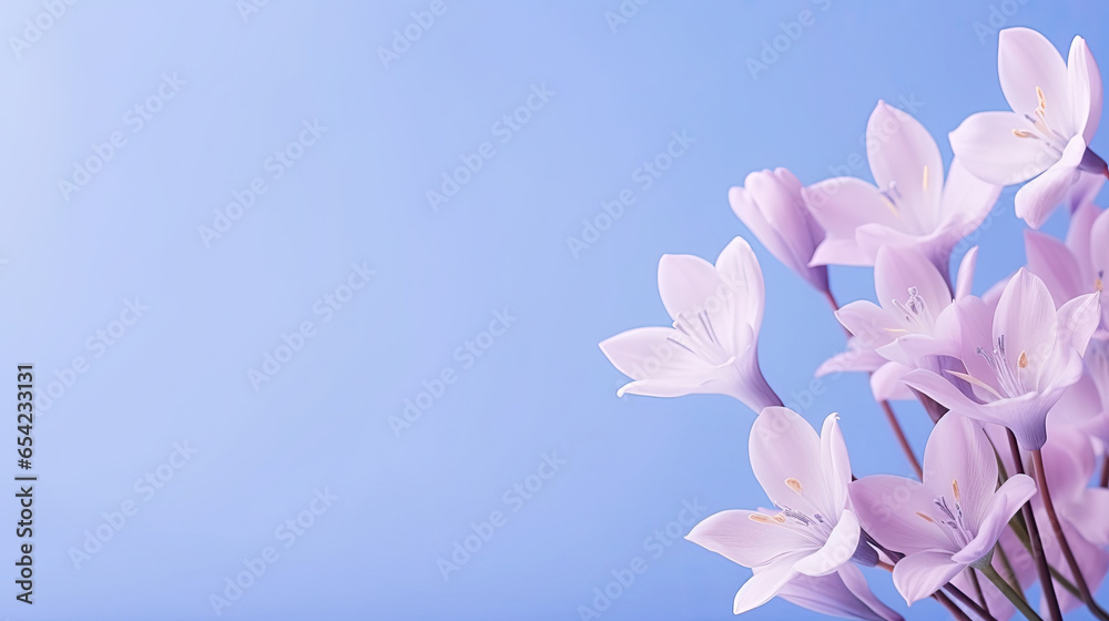 Minimalist blooming Orchid flowers on purple bright pastel colors background with space for text created with Generative AI Technology