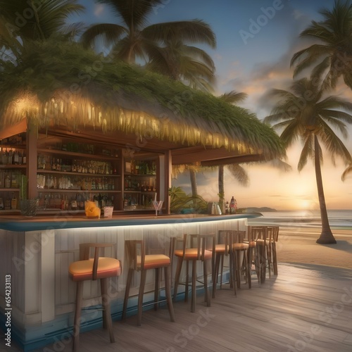 A beachside bar with surfboards  palm trees  and tropical fruit cocktails4