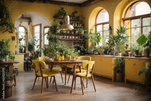 Rustic interior kitchen with rounded dining table with plants around  vintage light yellow design. Generative Ai.