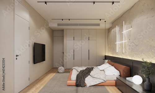 Modern style bedroom interior design and decoration with orange bed, white and grey bedding, grey carpet on wooden floor, buit in closet. 3d rendering showcase condominium master bed. photo