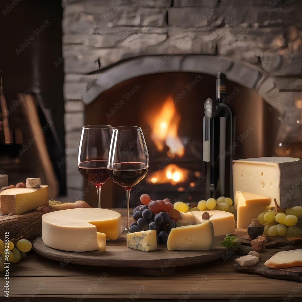 A cozy fireplace setting with two wine glasses and a cheese platter on a rustic table2