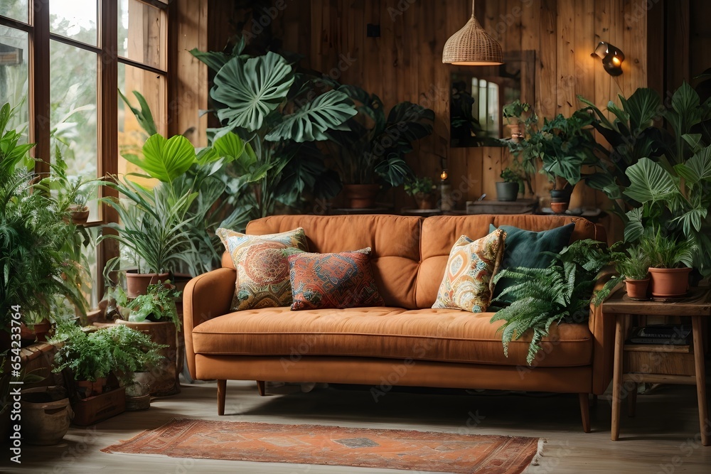 rustic interior living room with sofa, wooden table and plants around, vintage design rustic interior living room with sofa, wooden table and plants around, vintage design