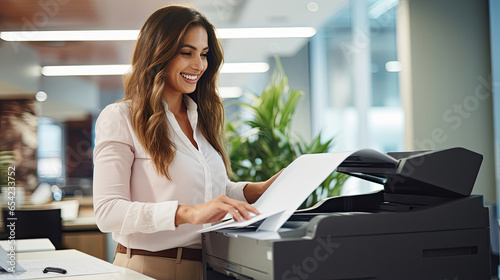 happy business executive beautiful woman working taking paper from modern office printer copier created with Generative AI Technology photo