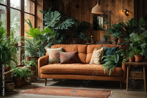 rustic interior living room with sofa, wooden table and plants around, vintage design