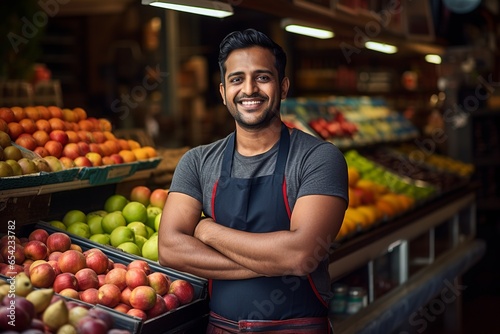 Smiling Indian male worker in a fruit shop with folded hands and looking at the camera © NEM