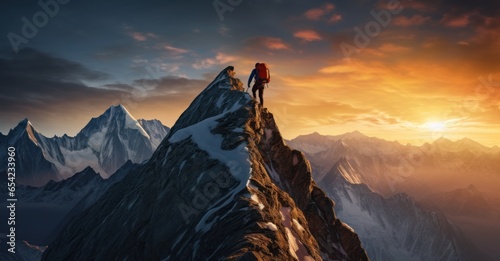 the pinnacle moment as a climber summits an imposing mountain, symbolizing conquering challenges photo