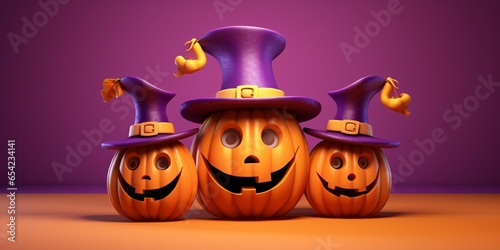 3D and Cute Halloween Pumpkins Wearing Witch Hat in Cartoon Style. Jack O' Lanterns Illustration