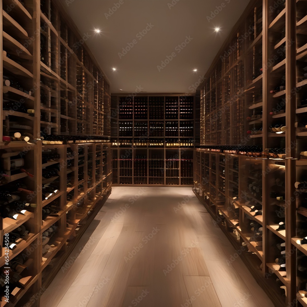 A wine cellar with dim lighting, showcasing rows of wine bottles in wooden racks2