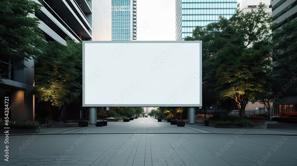 Large blank billboard on city street, mock up, Street advertising poster. Blank white billboard on city square with modern skyscrapers background.  3D rendering. AI generated         - obrazy, fototapety, plakaty 