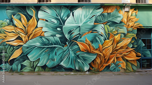 Leaves of exotic plants in street art style created with Generative Ai