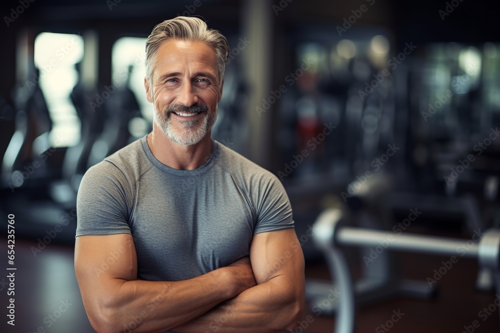 Smiling mature man wearing sportswear posing in gym Smiling mature man wearing sportswear posing in gym