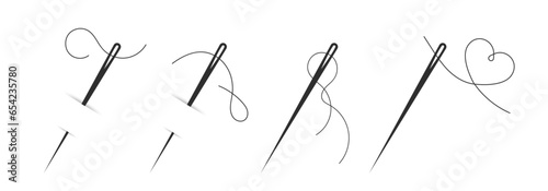 Needle with thin thread. Needles for sewing icon set. Sew needlework sign. Tailoring things concept. Vector illustrator.
