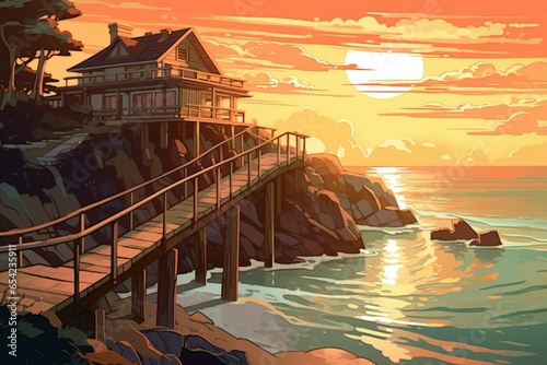 Idyllic illustration featuring a bridge, house, ocean, and sunset. Generative AI © Ainsley