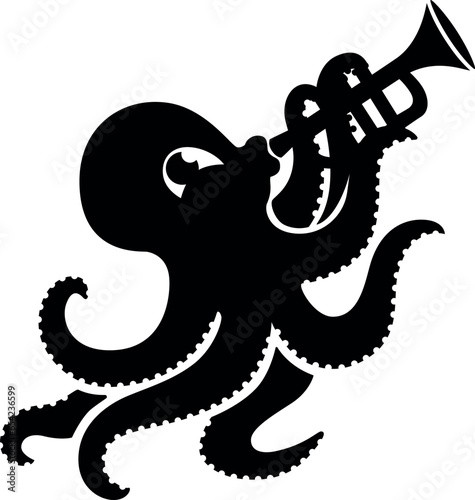 Cute octopus musician playing the trumpet - vector silhouette picture for logo or pictogram. Octopus, a sea animal, plays the trumpet, a musical instrument.
