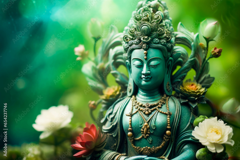 Green Tara Buddha statue in mantra meditation. Buddhism religion goddess. - obrazy, fototapety, plakaty 