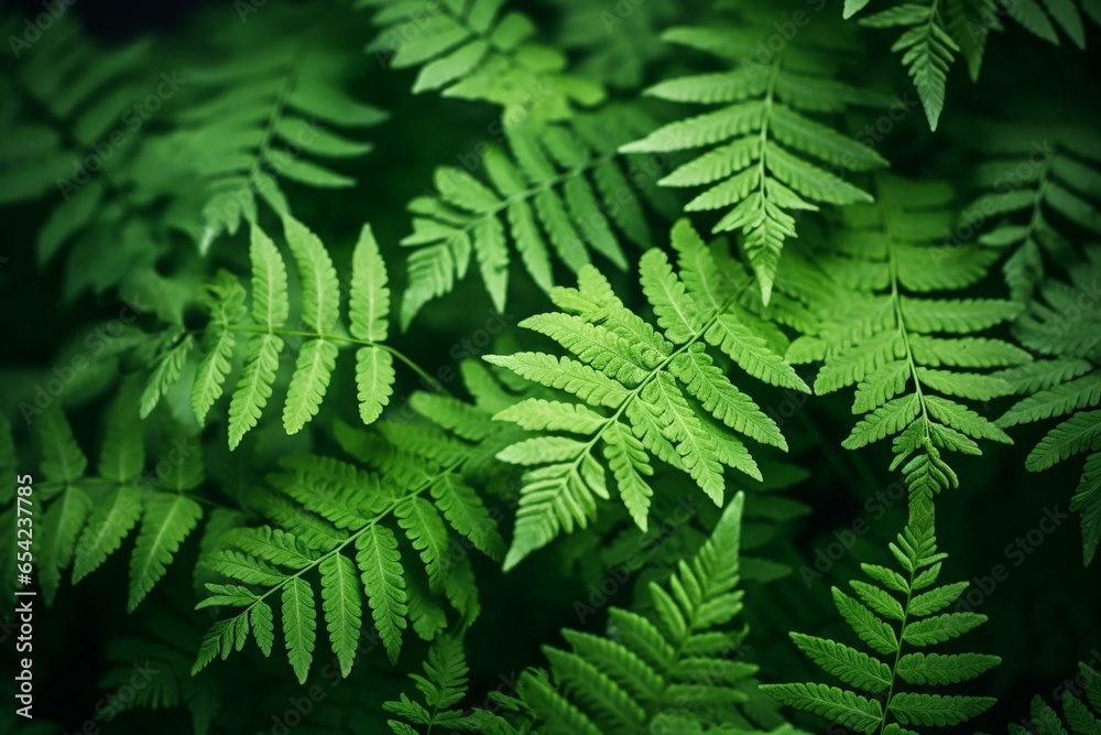 Closeup of lush fern leaves forming a nature background. Generative AI