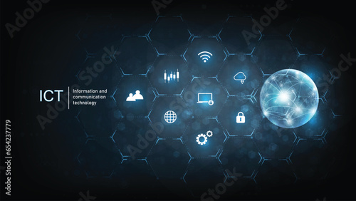 Information and communication technology(ICT)concept.Information and communication technology on dark blue background. Wireless communication network. Intelligent system automation.	