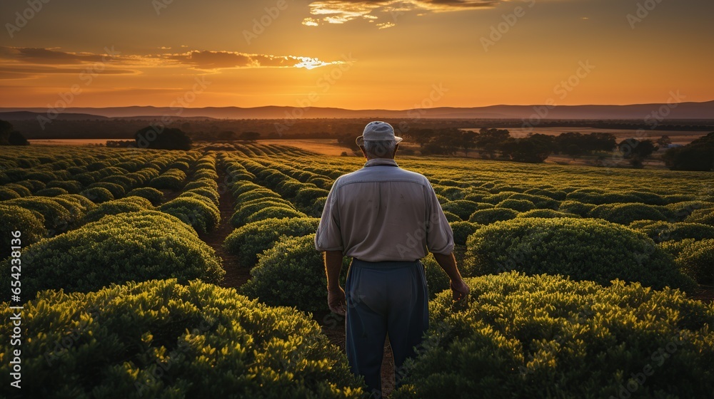Back view: farmer working in the field and looking into the distance, Farmers working on fields at sunset outdoors Back view: farmer working in the field and looking into the distance, Farmers working on fields at sunset outdoors